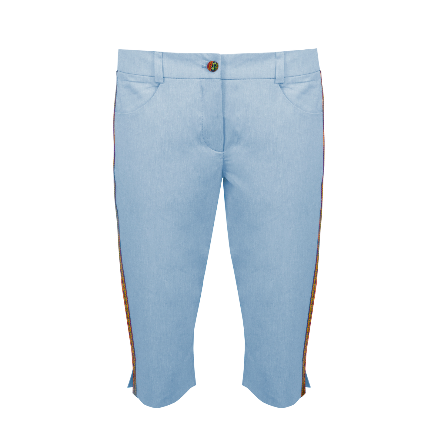 Blue Cotton Capri Trousers With Colourful Trim