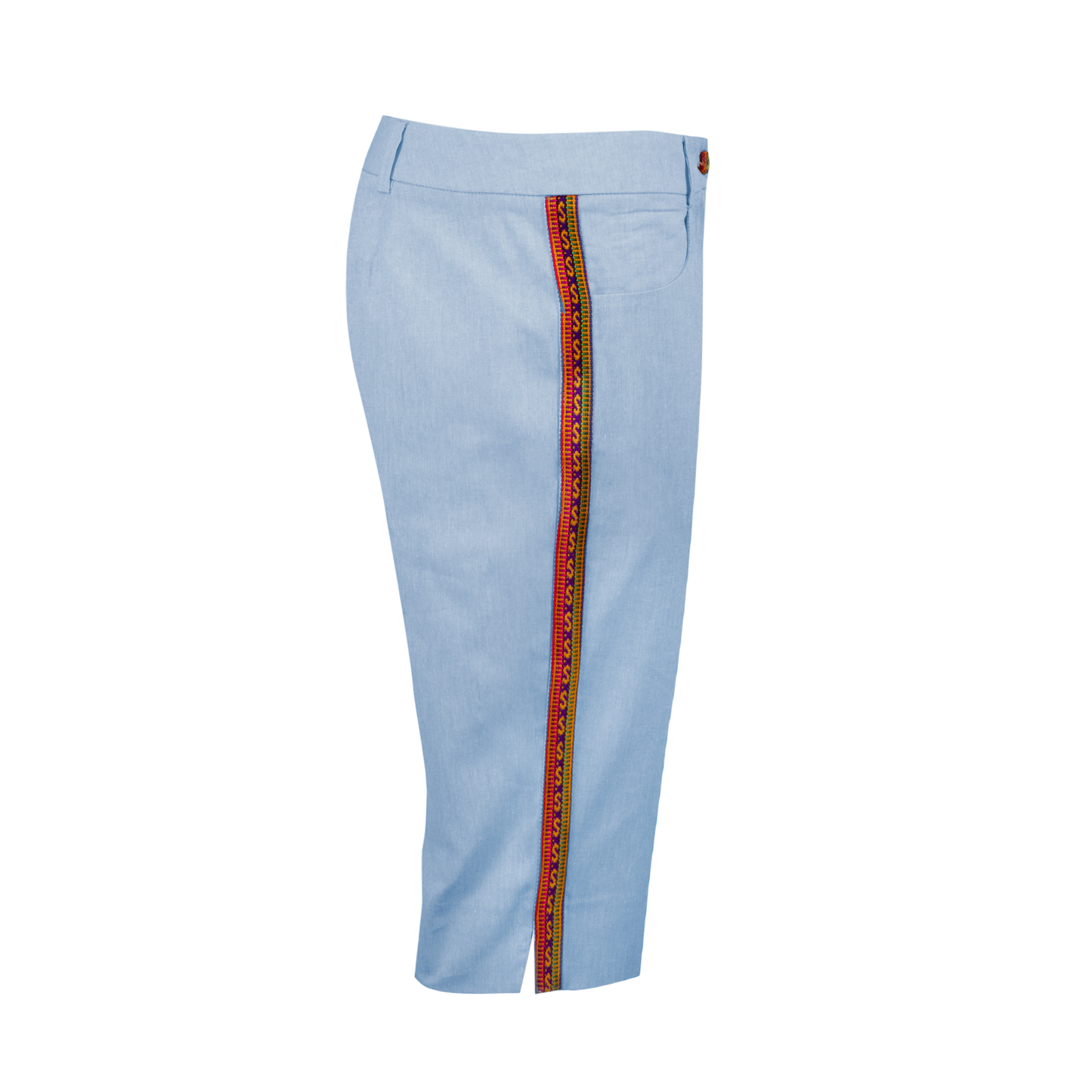 Blue Cotton Capri Trousers With Colourful Trim