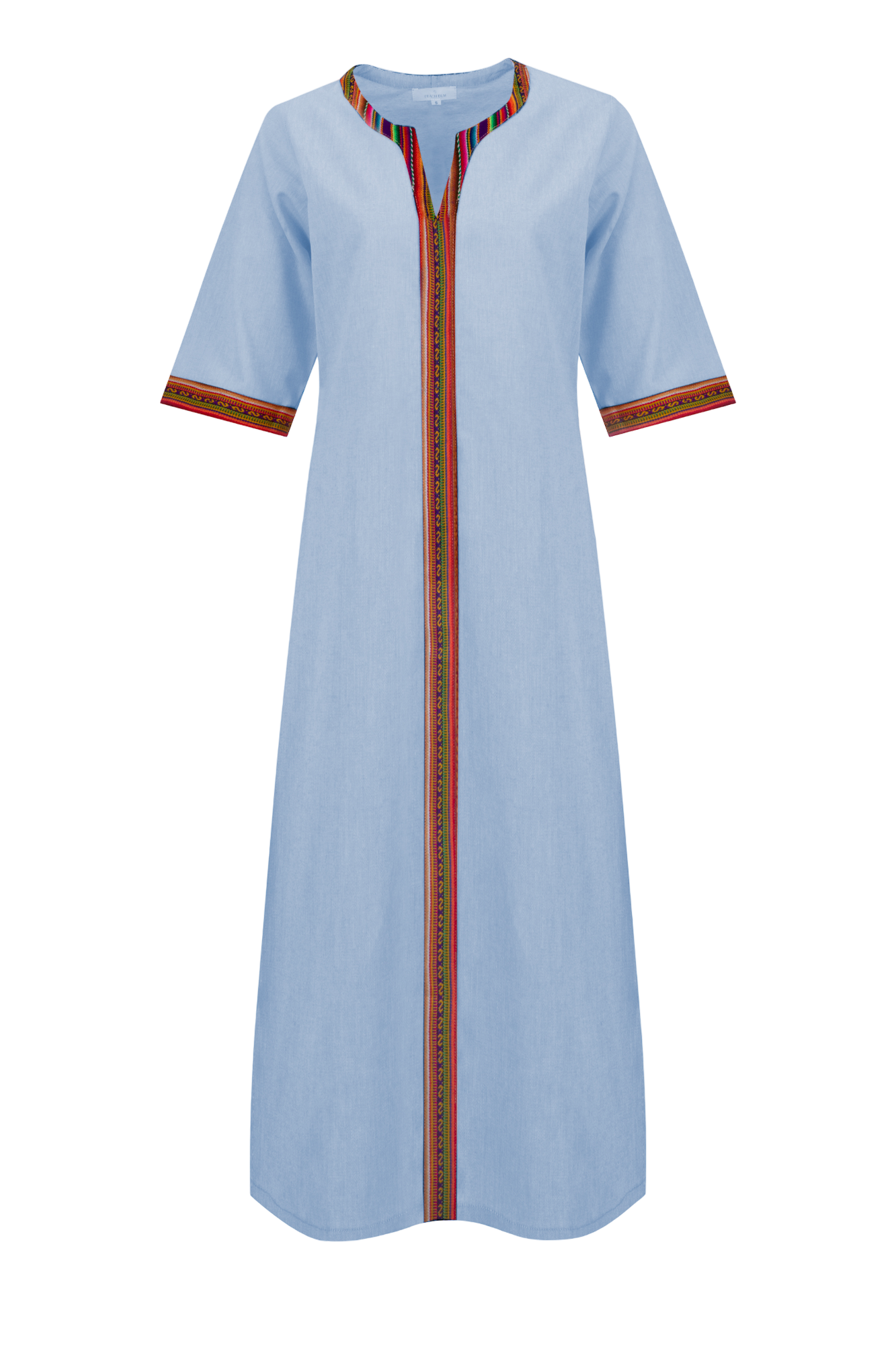Blue Cotton Nehru Kaftan Dress With Colourful Trim