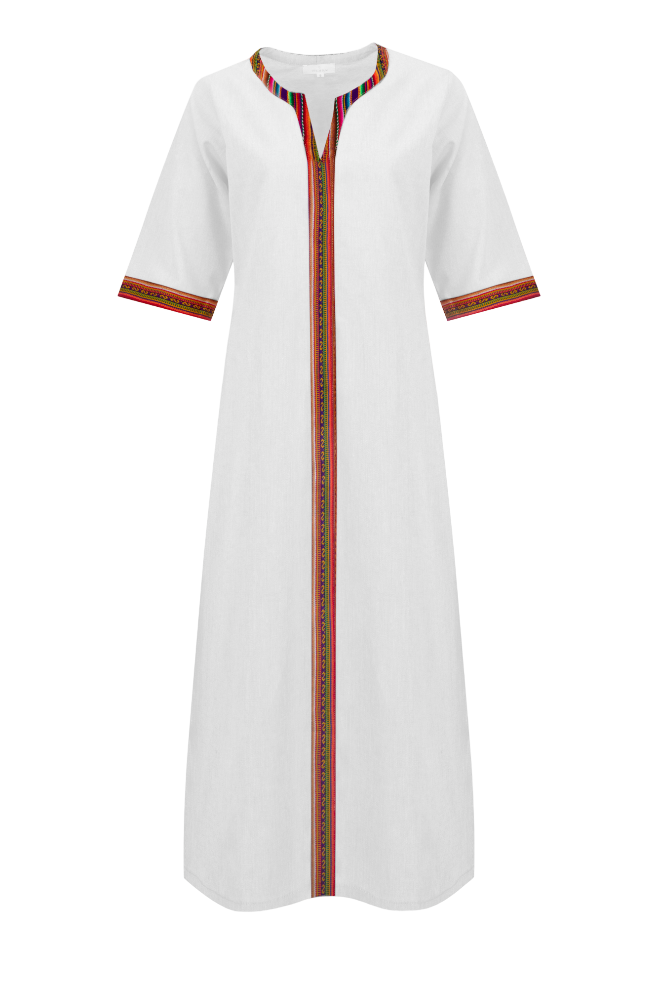 White Cotton Nehru Kaftan Dress With Colourful Trim