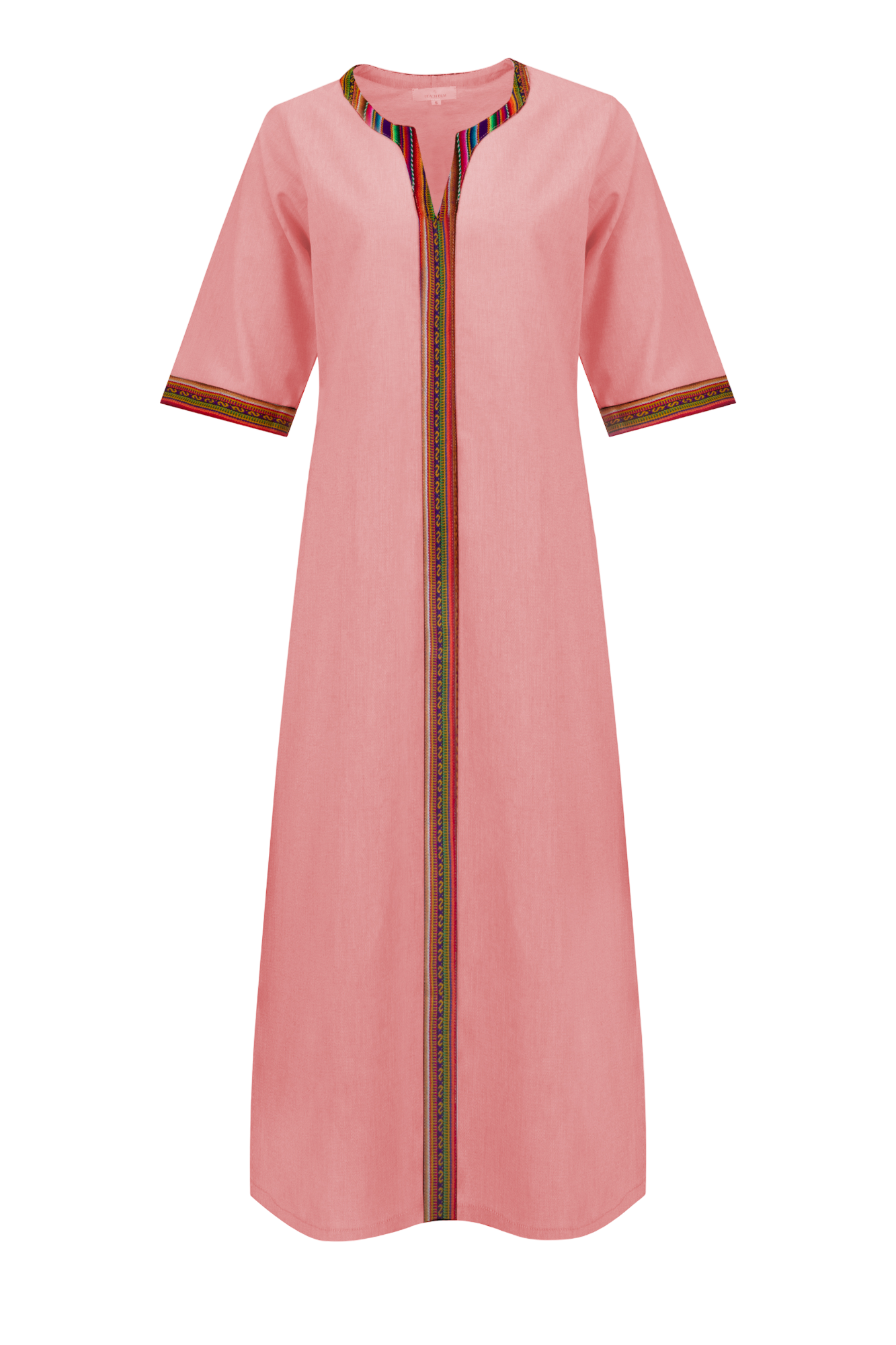Peach Cotton Nehru Kaftan Dress With Colourful Trim