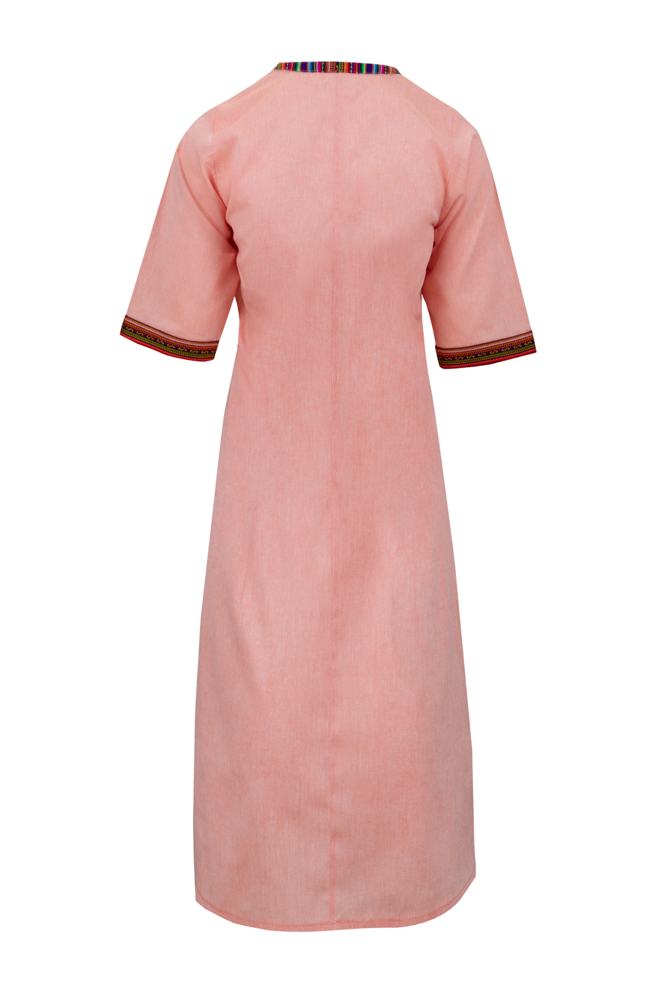 Peach Cotton Nehru Kaftan Dress With Colourful Trim