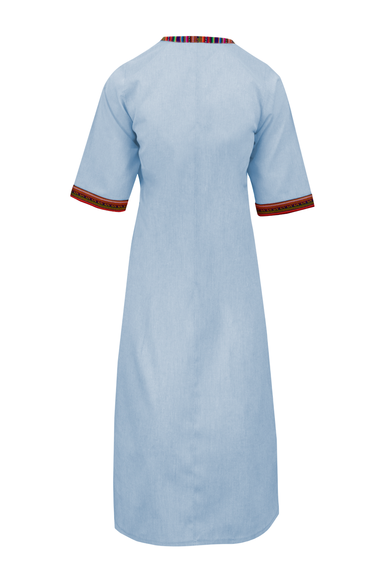 Blue Cotton Nehru Kaftan Dress With Colourful Trim