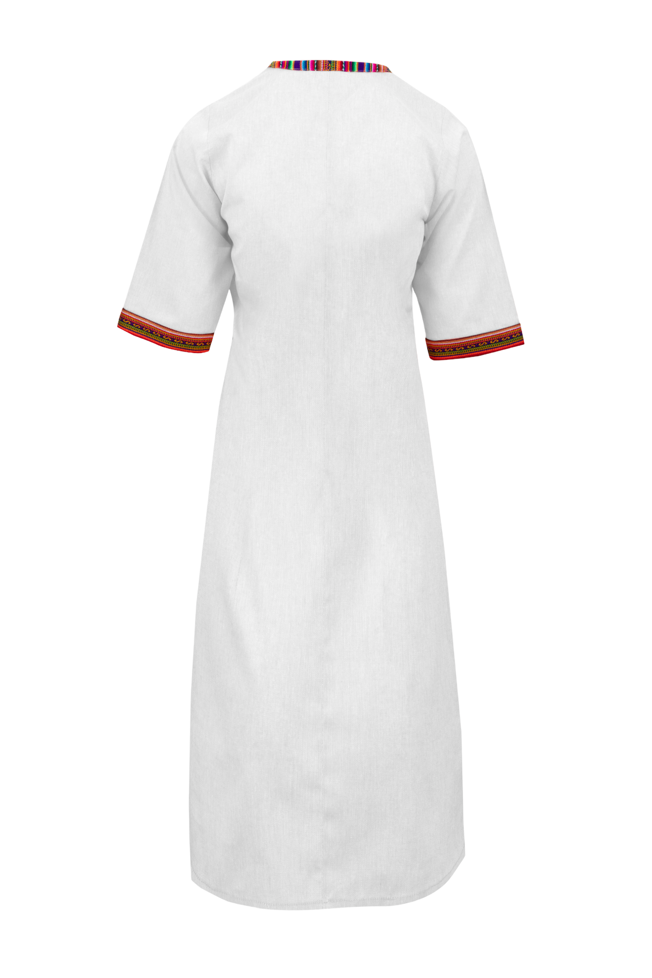 White Cotton Nehru Kaftan Dress With Colourful Trim